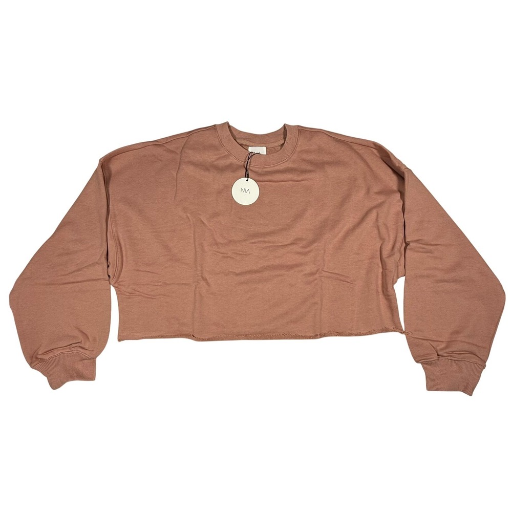 NIA Women's Cropped Crewneck Sweatshirt Long‎ Sleeve Raw Hem Dusty Rose Size M